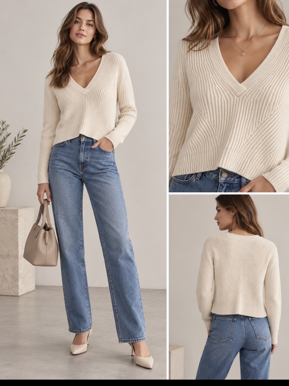 Brochu Walker Cream Ribbed V-Neck Sweater